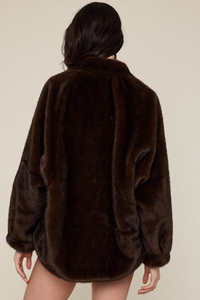 Collared Long Sleeve Vegan Fur Jacket - Brunette