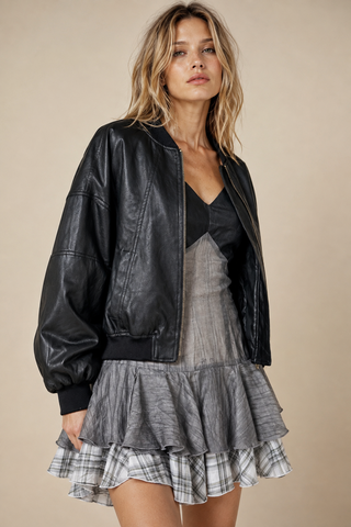 J.NNA - Cropped Faux-Leather Bomber Jacket