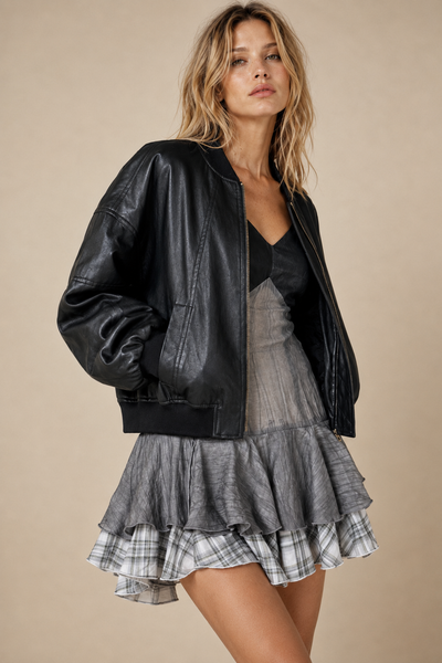 J.NNA - Cropped Faux-Leather Bomber Jacket
