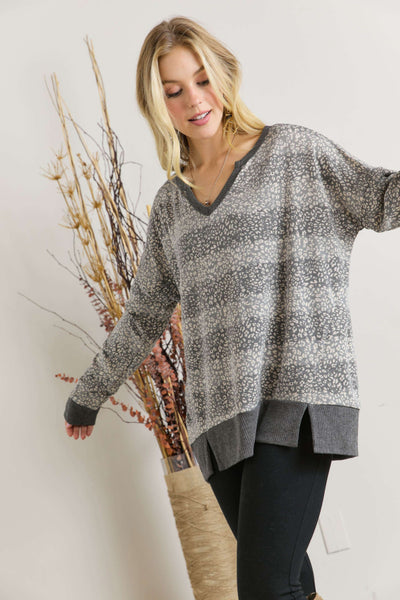 Animal Print Loose Fit V Neck Top