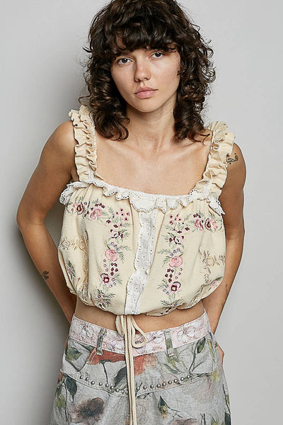 Pol Clothing - Square Neck Denim Thermal Embroidery Ruffle Crop Top