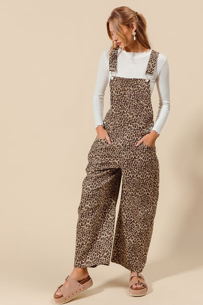 Leopard Twill Denim Slouchy Barrel Overalls