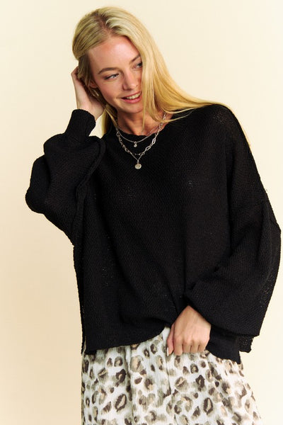 Dolman Sleeve Side Slit Black Sweater