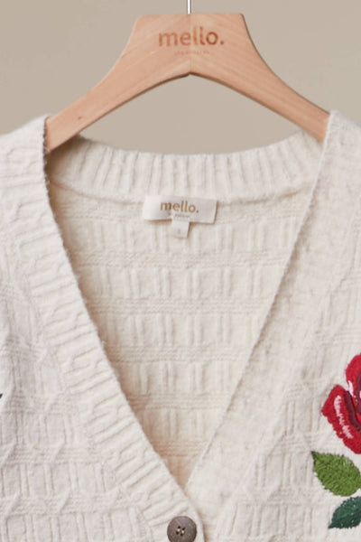 Mello. - Elegant Rose Embroidered V Neck Cardigan