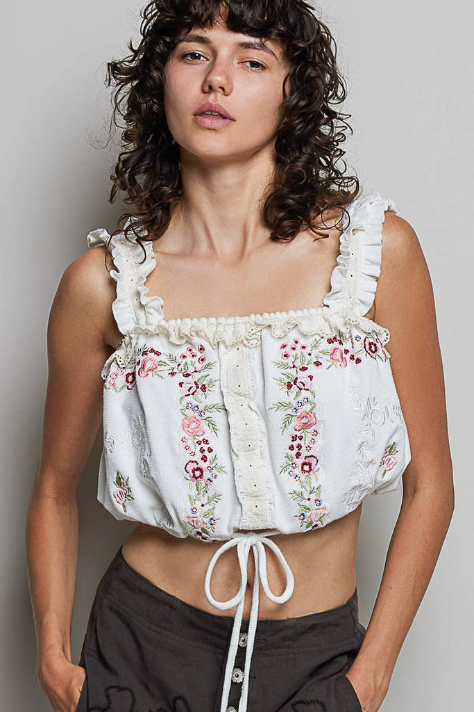 Pol Clothing - Square Neck Denim Thermal Embroidery Ruffle Crop Top