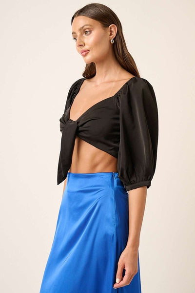Satin Tie Front Crop Blouse - Black