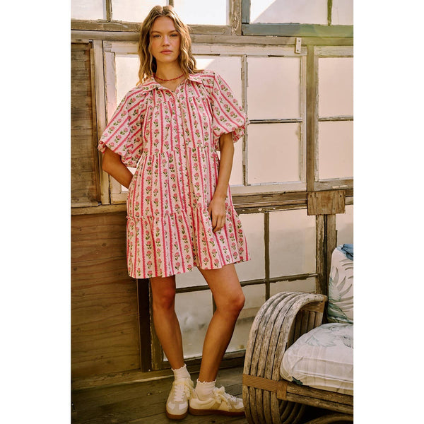 mittoshop - FLORAL STRIPE PRINT TIERED MINI SHIRT DRESS