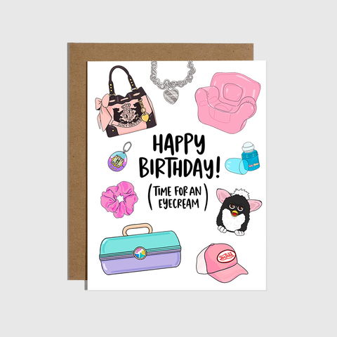 Birthday card with various illustrations and text on a white background
