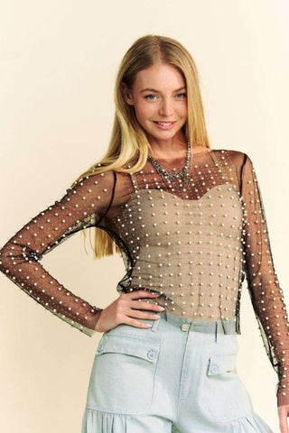 Beaded and Pearl Embellished Sheer Top