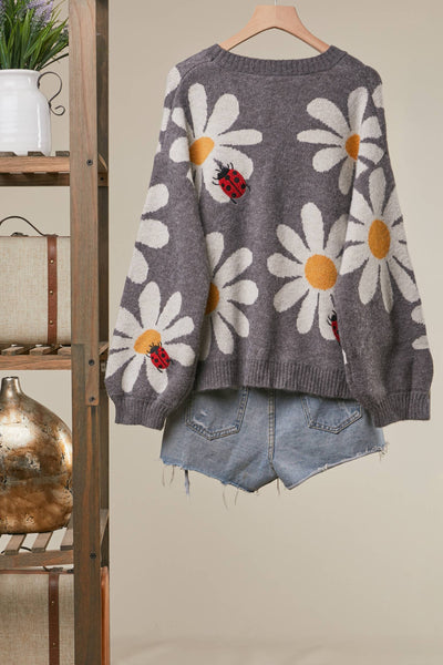 Mello. - Embroidered Ladybug and Daisy Knit Cardigan