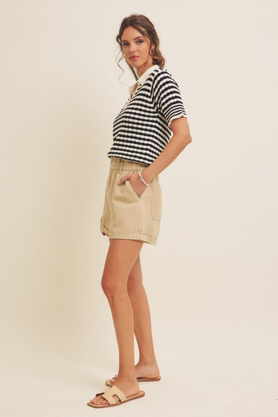 Textured Cotton Collared Striped Sweater Top