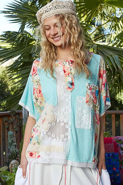 Pol Clothing - Unique Patchwork Lace Floral Knit Short Sleeve Top SALE
