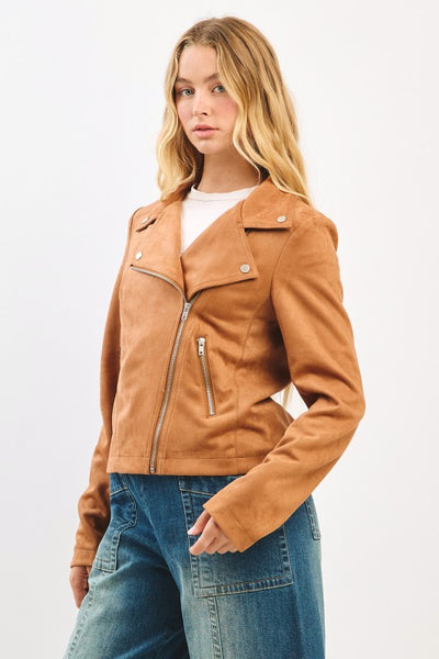 Vegan Suede Moto Biker Jacket - Camel