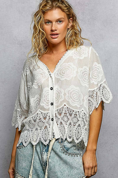 Pol Clothing - Crochet Trim Neckline Short Sleeve Jacket Top