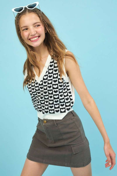 Checkered Heart Print Sweater Vest