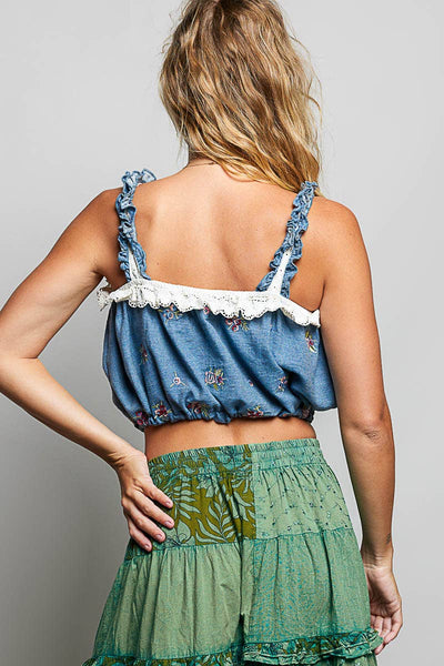 Pol Clothing - Square Neck Denim Thermal Embroidery Ruffle Crop Top