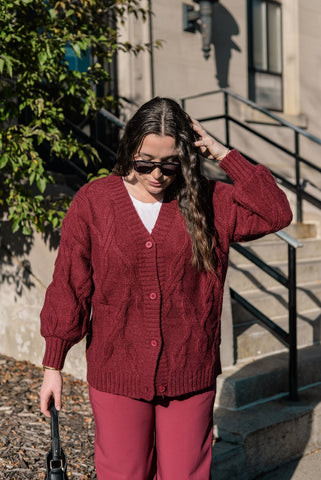 Cable Knit Boxy Cardigan - Wine