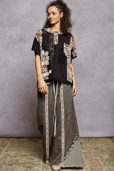 Pol Clothing - Unique Patchwork Lace Floral Knit Short Sleeve Top SALE