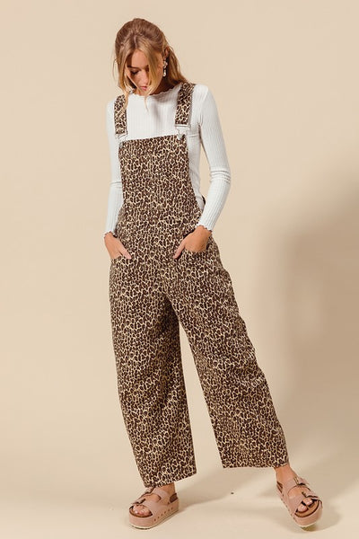 Leopard Twill Denim Slouchy Barrel Overalls