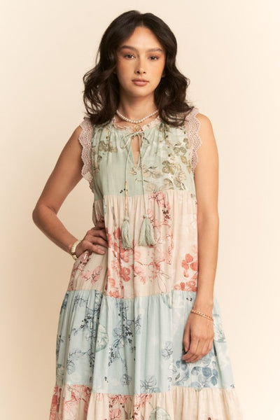 Fall Floral Color Block Boho Maxi Dress