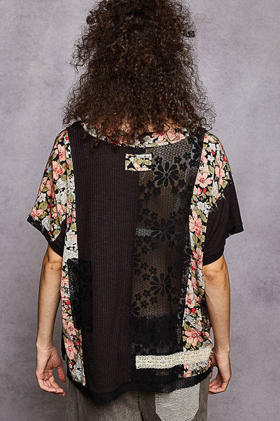 Pol Clothing - Unique Patchwork Lace Floral Knit Short Sleeve Top SALE