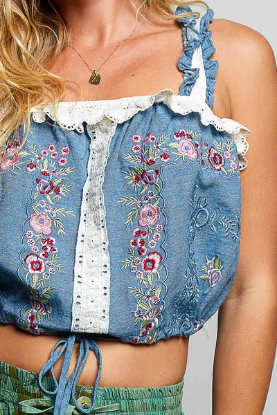 Pol Clothing - Square Neck Denim Thermal Embroidery Ruffle Crop Top