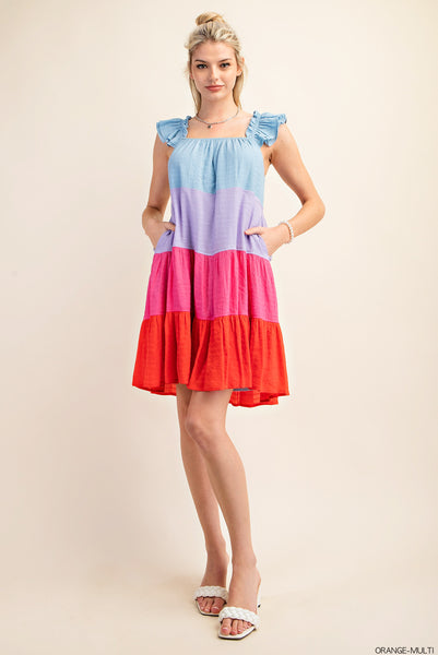 Color Block Tiered Ruffle Sleeve Dress