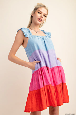Color Block Tiered Ruffle Sleeve Dress