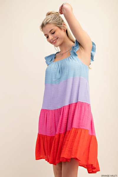 Color Block Tiered Ruffle Sleeve Dress