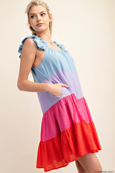 Color Block Tiered Ruffle Sleeve Dress