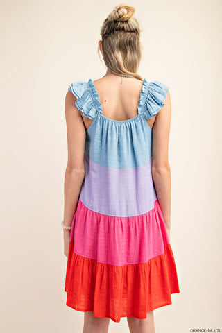 Color Block Tiered Ruffle Sleeve Dress