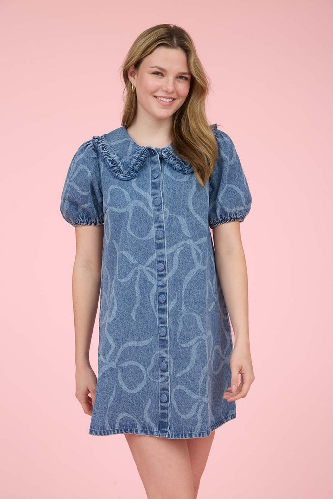 Bow Pattern Button Down Washed Denim Mini Dress