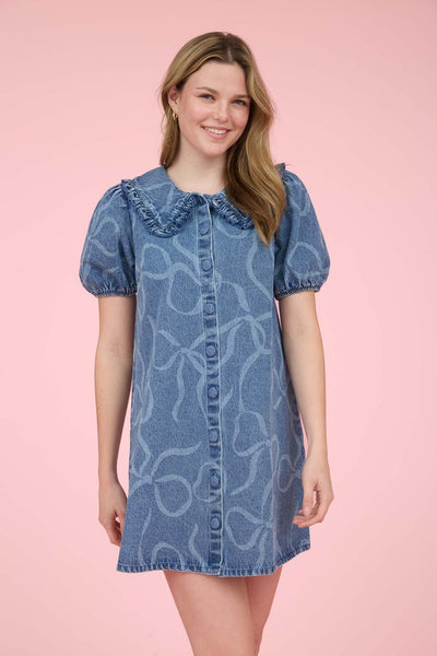 Bow Pattern Button Down Washed Denim Mini Dress