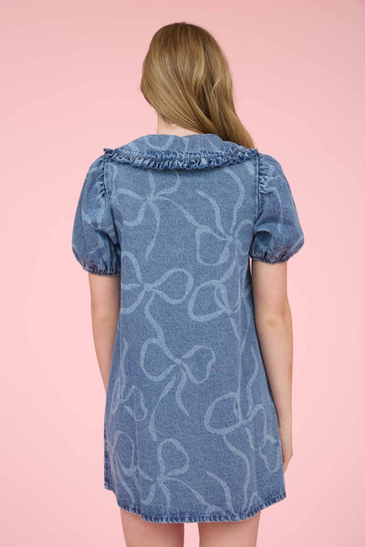 Bow Pattern Button Down Washed Denim Mini Dress
