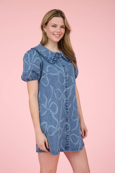 Bow Pattern Button Down Washed Denim Mini Dress