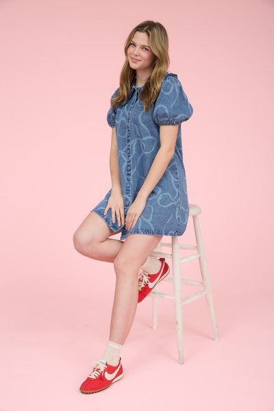 Bow Pattern Button Down Washed Denim Mini Dress