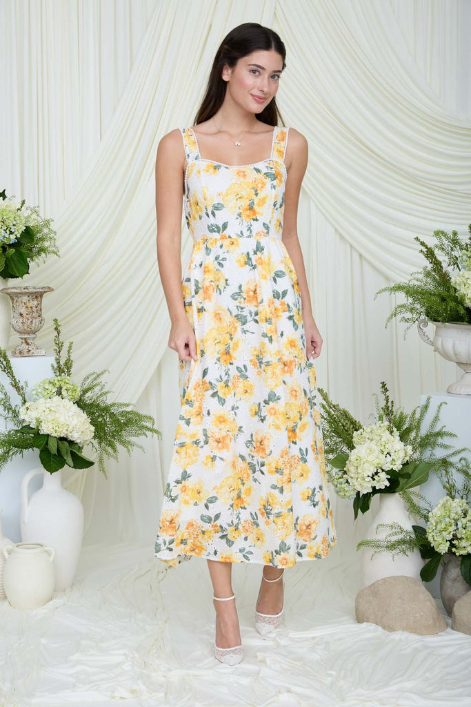 Floral Eyelet Pattern Scallop Lace Trim Midi Dress - Yellow
