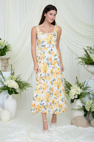 Floral Eyelet Pattern Scallop Lace Trim Midi Dress - Yellow