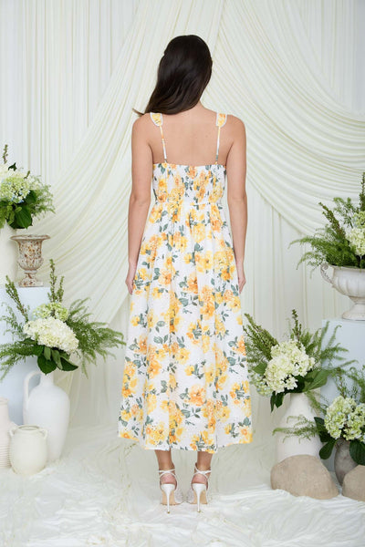 Floral Eyelet Pattern Scallop Lace Trim Midi Dress - Yellow