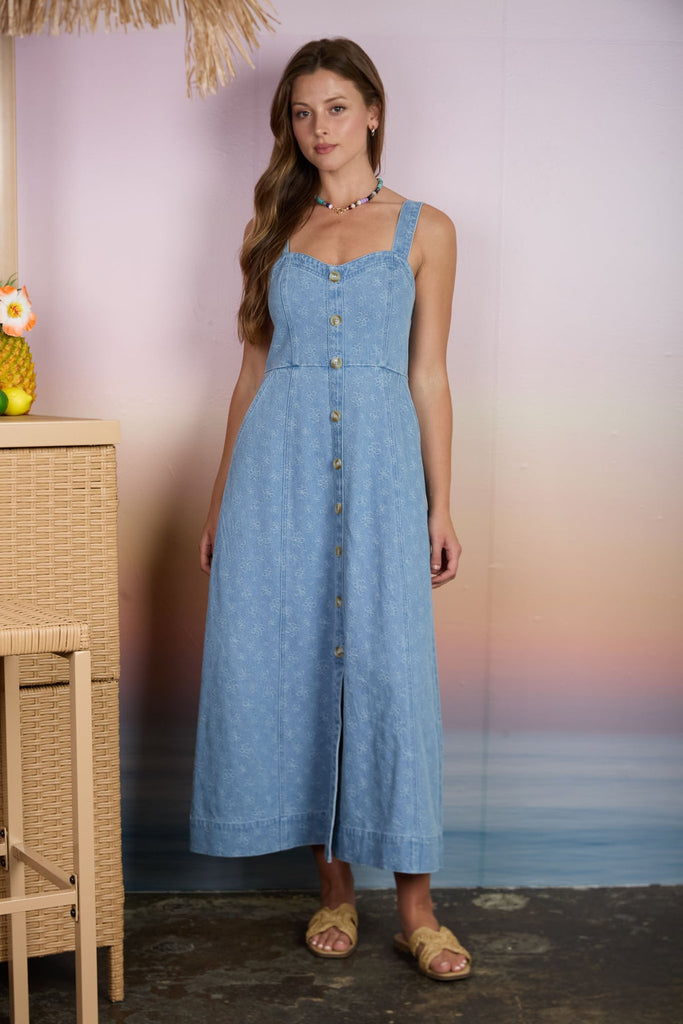 Denim Jacquard Sweetheart Midi Dress