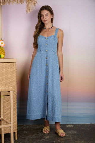 Denim Jacquard Sweetheart Midi Dress