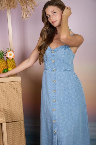 Denim Jacquard Sweetheart Midi Dress