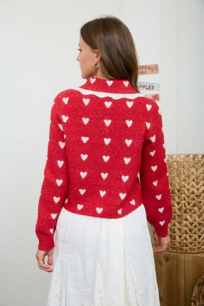 Heart Pattern Scallop Collar Button Down Cardigan