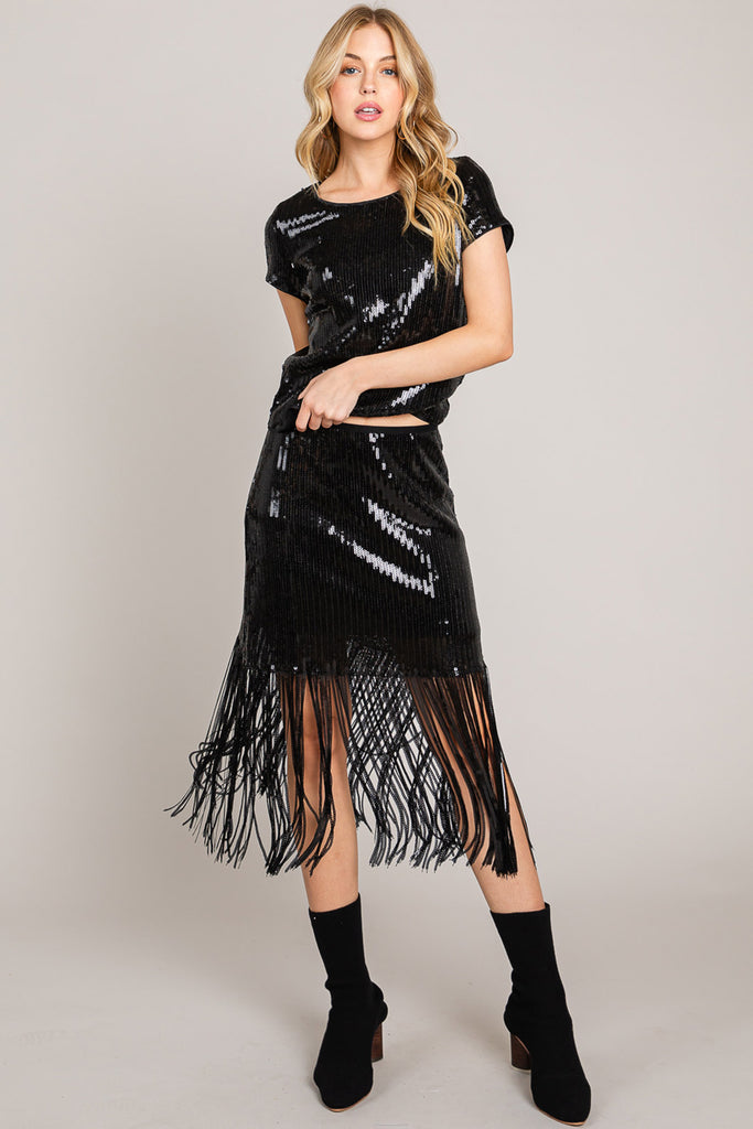 Sequin Fringe Black Skirt