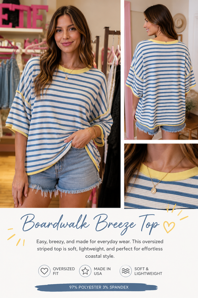 Woman Wearing Striped Blue White & Yellow Top
