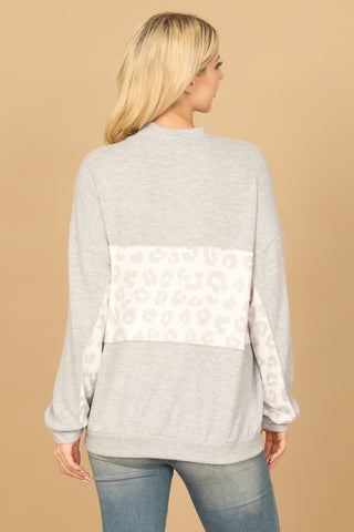 Leopard Contrast Button Top - Grey