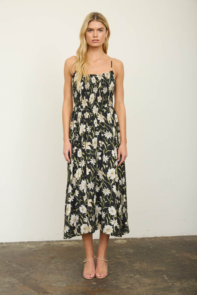 Floral Smocked Spaghetti Strap Midi Sundress