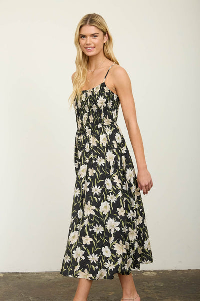Floral Smocked Spaghetti Strap Midi Sundress
