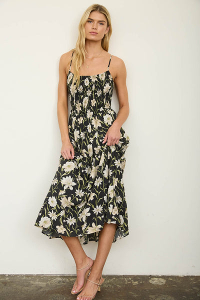 Floral Smocked Spaghetti Strap Midi Sundress