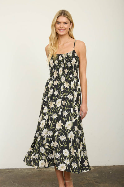 Floral Smocked Spaghetti Strap Midi Sundress